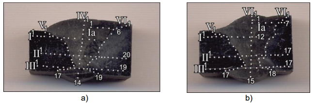 Macroscopic image of the welded plates with impressions from the hardness measurements: