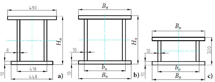 The cross sections: a) main girder, b) rigid leg, c) hinge-elastic leg