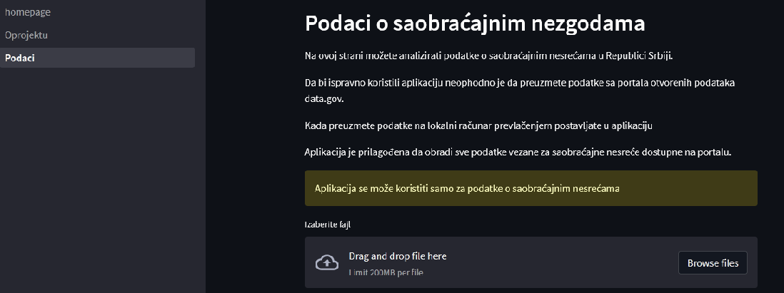 Image of the central part of the application for automatic processing of traffic accident data (Gavrilović, 2023)