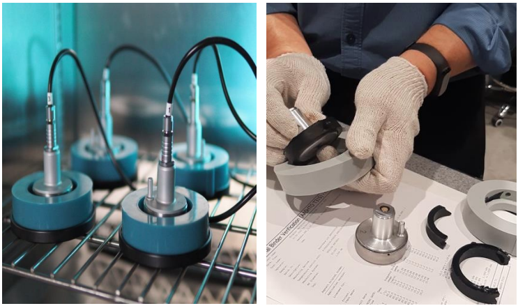 ABCD sensors during (left) and after (right) testing of binders