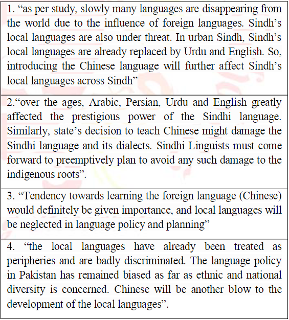 Statements depicting fear of losing local languages
