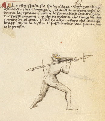 One of several illustrations of Fiore dei Liberi&rsquo;s spada-azza, a weapon that he states can be used both in and out of armour and to great effect against lighter weapons. Fiore dei Liberi, Fior di Batagglia, c. 1410, Los Angeles, J Paul Getty Museum, MS Ludwig XV 13, fol. 22v.