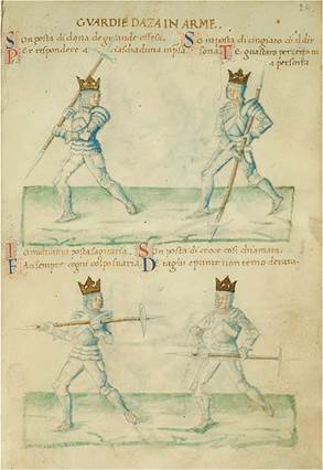 Two of Filippo Vadi&rsquo;s plays of the axe in armour. The first technique is original to this manuscript, whilst the second has its origins in the works of Fiore dei Liberi. Filippo Vadi, Liber de arte gladiatoria dimicandi, 1482-86, Roma, Biblioteca Nazionale Centrale di Roma, MS Vitt.Em.1324 25r.