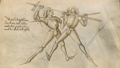 One of several examples of the pollaxe being used in Talhoffer&rsquo;s 1467 manuscript to hook and throw an opponent. Hans Talhoffer, 1467, M�nchen, Bayerische Staatsbibliothek, Cod.icon 394a, fol. 43v.