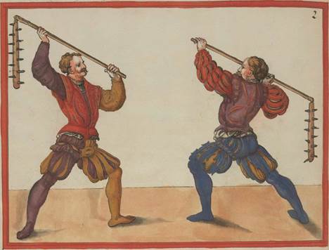 Two combatants fencing with flails. Paulus Hector Mair, Opus Amplissimum de Arte Athletica, c. 1540, Dresden, S�chsiche Landesbibliothek, Mscr.Dresd.C.93/94 1 Mscr.Dresd.C.93, fol. 219v