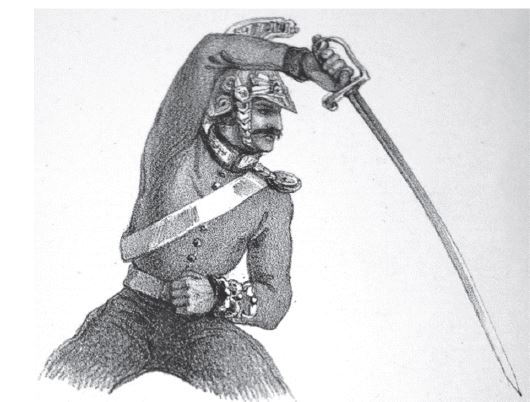 &ldquo;Left Guard&rdquo; from the 1835 Yeomanry Instructions. The action is unillustrated in the 1819, 1840 & 1842/45 Cavalry Sword Exercises but conforms to &ldquo;Guard&rdquo; in all those works. It also conforms to the identical actions of &ldquo;Left Engage&rdquo; in the 1840 and &ldquo;Left Guard&rdquo; in the 1842/45 versions (see table 1). � Royal Armouries.