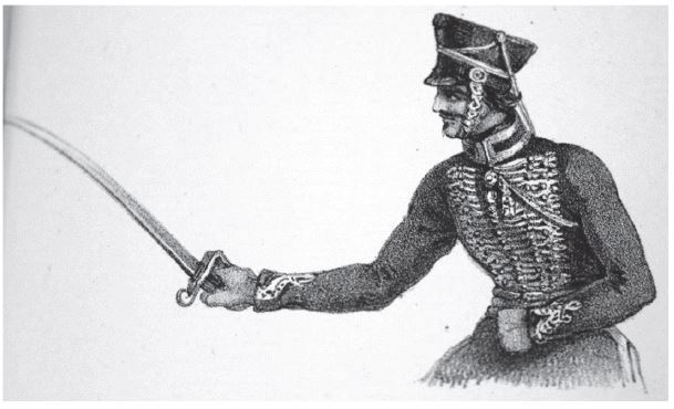 &ldquo;Right Guard&rdquo; from the 1835 Yeomanry Instructions. The action is unillustrated in the 1819, 1840 & 1842/1845 Cavalry Sword Exercises but conforms to &ldquo;Outside Guard&rdquo; in all those works. It also conforms to the identical actions of &ldquo;Right Engage&rdquo; in the 1840 and &ldquo;Right Guard&rdquo; in the 1842/45 versions (see table 1). � Royal Armouries.