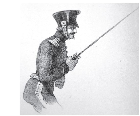 &ldquo;Engage&rdquo; from the 1835 Yeomanry Instructions. The body is bent, as pictured, in the 1835 Yeomanry Instructions and 1842/45 Cavalry Sword Exercise. In the 1819 Regulations it is kept square and straight. &ldquo;Engage&rdquo; is omitted entirely from the 1840 Exercise. � Royal Armouries.