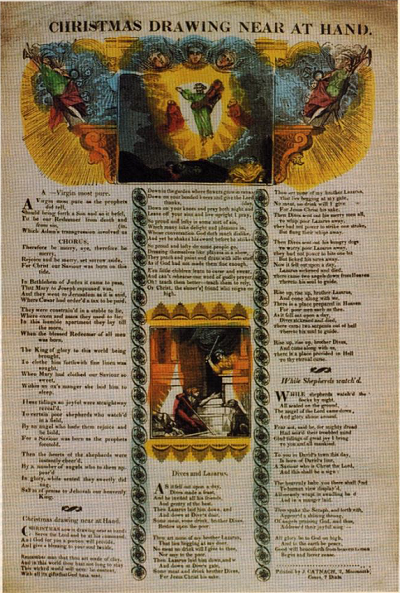 ‘Christmas Drawing Near at Hand’, early nineteenth-century carol broadside, hand coloured. By J. Catnach of 7 Dials, London, c. 1825. Firth Collection, Sheffield University Library.