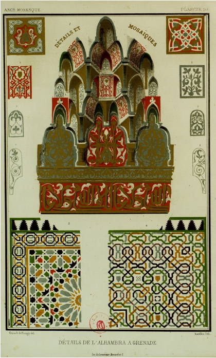 Joseph Philibert Girault de Prangey. &ldquo;Details of the Alhambra in Granada&rdquo; (D�tails de l&rsquo;Alhambra � Grenade). Essai sur l&rsquo;architecture, des arabes et de mores en Espagne, en Sicile et en Barbarie. Hauser, Brockhaus et Avenarius, 1841, pl. 20. Biblioth�que Nationale de France, gallica.bnf.fr / BnF.