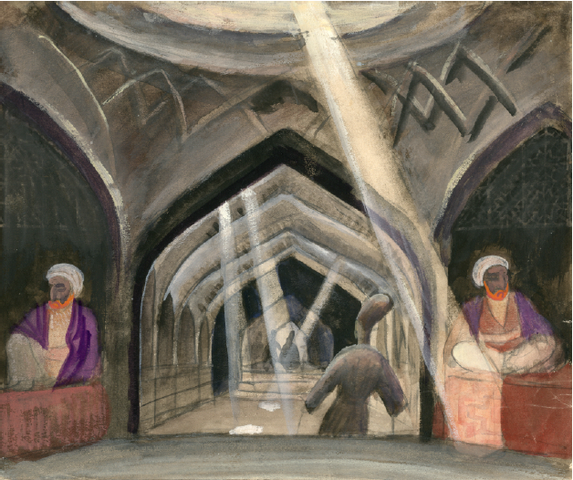 Jāzeps Grosvalds. Bazaar&rsquo;s Corridor. 1918, watercolor on paper, 23 x 28 cm. V�rmlands Museum, Karlstad. Image courtesy of the V�rmlands Museum, Karlstad.