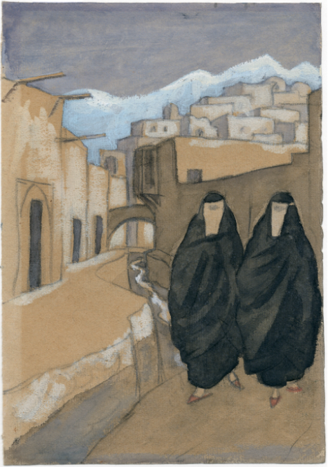 Jāzeps Grosvalds. Women in a Street of Hamadan. 1918, watercolor on paper, 23 x 16 cm, Latvian National Museum of Art, Riga, VMM Z-8659. Image courtesy of the Latvian National Museum of Art, Riga.