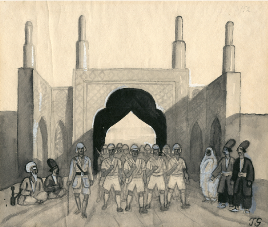 Jāzeps Grosvalds. English Soldiers in Qazvin. 1918, watercolor on paper, 22 x 25 cm. V�rmlands Museum, Karlstad. Image courtesy of the V�rmlands Museum, Karlstad.