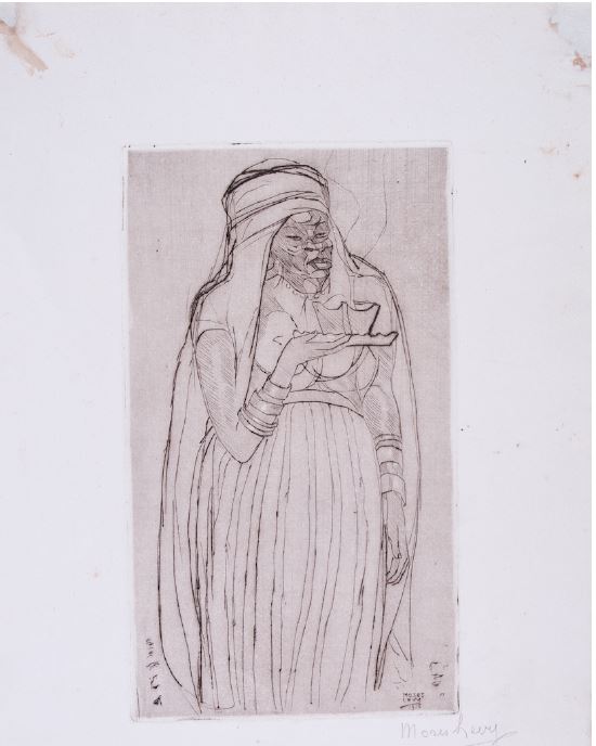 Moses Levy, Profumo contro la jettatura, 1915, puntasecca. Roma, Istituto centrale per la grafica, per gentileconcessione del Ministero della Cultura.