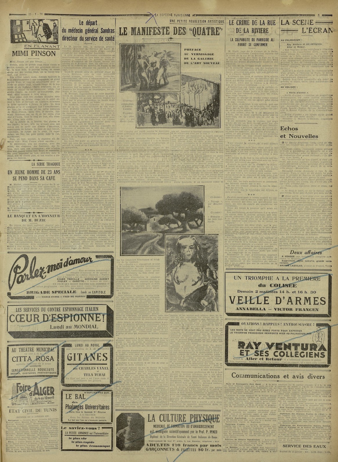 &ldquo;Une petite r�volution artistique. Le Manifeste des &lsquo;Quatre&rsquo;. Pr�face au vernissage de la galerie de L&rsquo;Art nouveau&rdquo; La D�p�che tunisienne, 25 January 1936, p. 3. Tunis, Tunis National Archives of Tunisia.