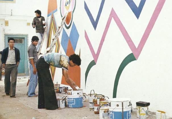 Wall painting by Asilah youngsters. Image reproduced from the catalogue Asilah. First Cultural Moussem July/ August 1978, Shoof Publications, 1979, p. 19.