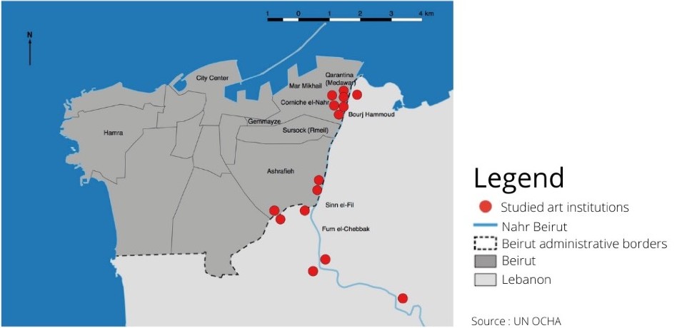 Art institutions concentrating along Nahr Beirut Image courtesy of the author base map designed by the United Nations Office for the Coordination of Humanitarian Affairs