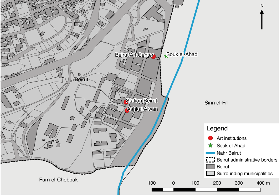 Focus on Corniche el-Nahr. Image courtesy of the author, base map designed by the Beirut Urban Lab (AUB) and the Lebanon&rsquo;s CNRS.