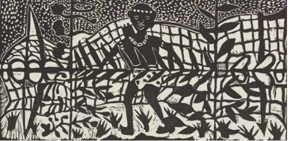 Thamae Kaashe, Hunter looking for traditional medicine plants, 2010 Linogravure