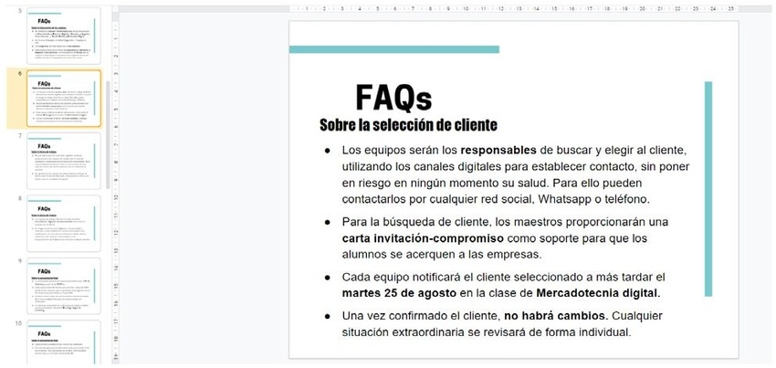 Sección de preguntas frecuentes en la carpeta de Google Drive con los requisitos y orientaciones para que los estudiantes contactaran a su cliente.