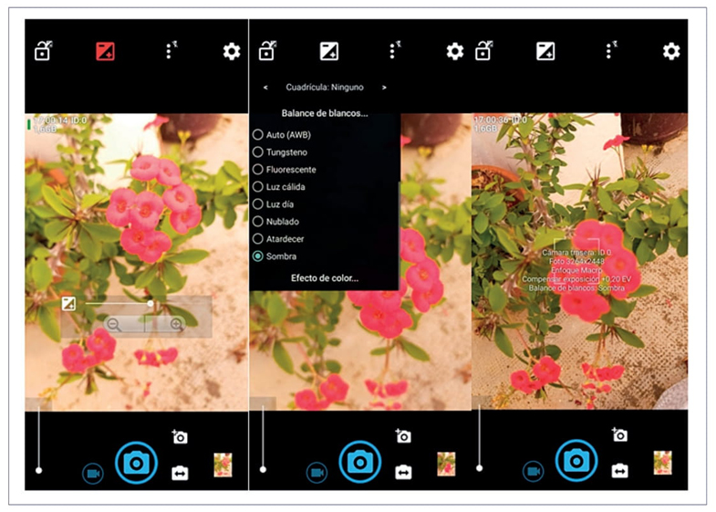 Capturas de pantalla de los ajustes realizados con Open Camera.
							