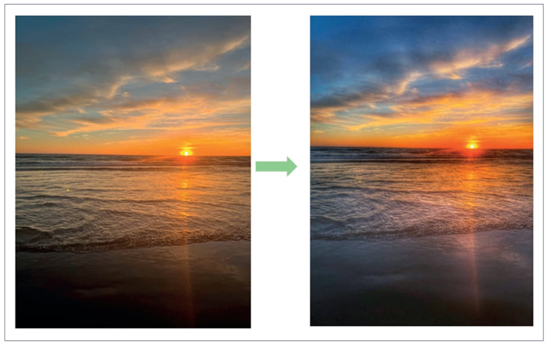 Comparación fotografía original vs fotografía editada con
									Snapseed.