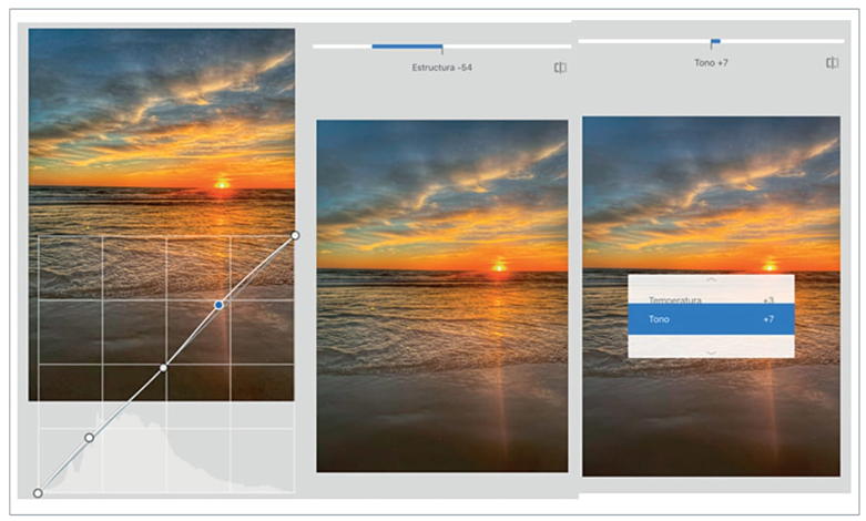 Capturas del paso a paso de la edición con
									Snapseed (curvas,
								efectos).
