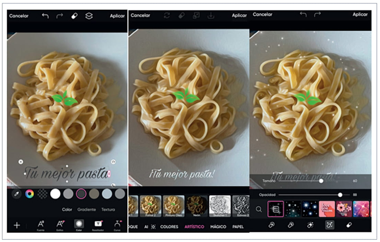 Capturas de pantalla edición en Picsart (texto, efectos,
								pinceles). 