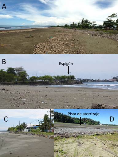 A) sector norte de Playa Cieneguita, B) espig&oacute;n construido para proteger la playa en Cieneguita, C) sector sur de la playa Cieneguita, donde se ha colocado un dique improvisado constituido por cantos rodados y bloques rocosos, D) gaviones enterrados para proteger la pista de aterrizaje del Aeropuerto Internacional de Lim&oacute;n.