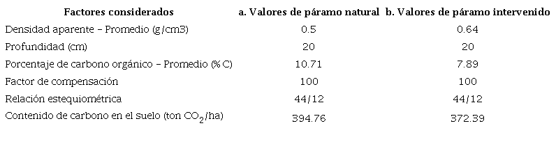 Valores considerados en el c&aacute;lculo del contenido de carbono para los escenarios planteados.