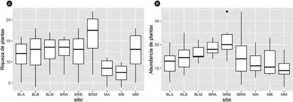 A. Riqueza y B. abundancia de &aacute;rboles en el enclave seco del ca&ntilde;&oacute;n r&iacute;o del Chicamocha, Colombia. La riqueza se obtuvo a partir de la rarefacci&oacute;n y la abundancia tomando el n&uacute;mero de &aacute;rboles, ambos por transecto.