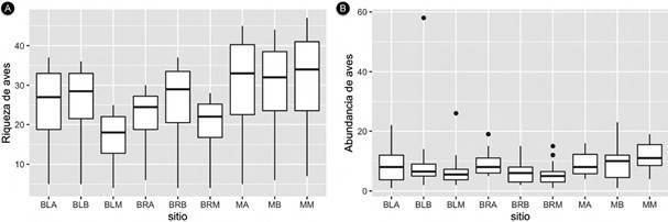 A. Riqueza y B. abundancia de aves en el enclave seco del ca&ntilde;&oacute;n r&iacute;o del Chicamocha, Colombia. La riqueza se obtuvo a partir de la rarefacci&oacute;n y la abundancia tomando la media de individuos por transecto.
