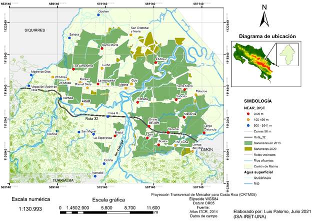 Proximidad entre escuelas visitadas y capa de cultivo banano de exportación.