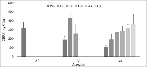 Carbono acumulado en biomasa de ra&iacute;ces finas (CBRF) de las diferentes especies dentro los arreglos silvopastoriles y pradera sin &aacute;rboles. A0: Pm (gram&iacute;nea M. maximus cv Mombasa); A1: Pm asociado con arbustos forrajeros Ll (L. leucocephala), Cc (C. cujete), A2: Pm asociado con arbustos forrajeros Ll, Cc y &aacute;rboles forrajeros Gu (G. ulmifolia), Cg (C. grandis), As (A. saman). Las barras grises representan las medias de las especies dentro de cada arreglo, letras iguales no significancia, l&iacute;nea negra error experimental (EE)