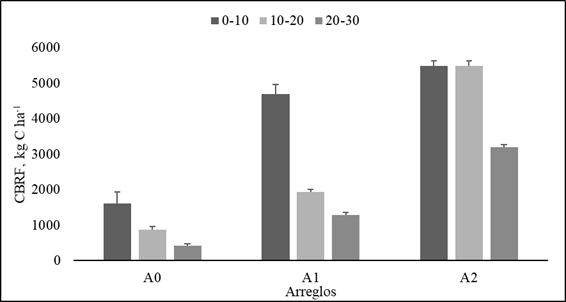 Comportamiento del carbono acumulado en la biomasa de ra&iacute;ces finas (CBRF) en cada arreglo y una paradera sin &aacute;rboles vs profundidad de suelo, A0: Pm (gram&iacute;nea M. maximus cv Mombasa); A1: Pm asociado con arbustos forrajeros Ll (L. leucocephala), Cc (C. cujete), A2: Pm asociado con arbustos forrajeros Ll, Cc y &aacute;rboles forrajeros Gu (G. ulmifolia), Cg (C. grandis), As (A. saman). Las barras grises representan las medias de las especies evaluadas dentro de cada arreglo, letras iguales no significancia, l&iacute;nea negra error experimental (EE)
