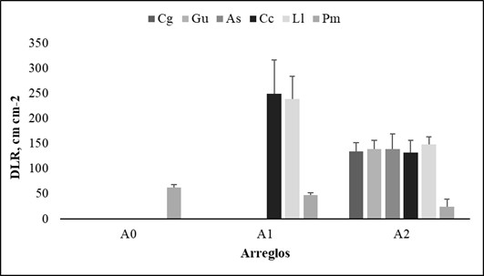 Densidad de longitud de ra&iacute;ces finas (DLR) de las diferentes especies dentro los arreglo silvopastoriles y pradera sin &aacute;rboles. A0: Pm (Gram&iacute;nea M. maximus cv Mombasa); A1: Pm asociado con arbustos forrajeros Ll (L. leucocephala), Cc (C. cujete), A2: Pm asociado con arbustos forrajeros Ll, Cc y &aacute;rboles forrajeros Gu (G. ulmifolia), Cg (C. grandis), As (A. saman). Las barras grises representan las medias de las especies evaluadas dentro de cada arreglo, letras iguales no significancia, l&iacute;nea negra error experimental (EE)