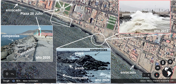 Presencia de terrazas (a), molones de acceso a muelles y edificios (b y c) en zona norte, y edificios (d) en zona intermareal de la bahía El Ferrol (imagen de fondo de Google Earth, octubre de 2019, fotos de enero de 2020