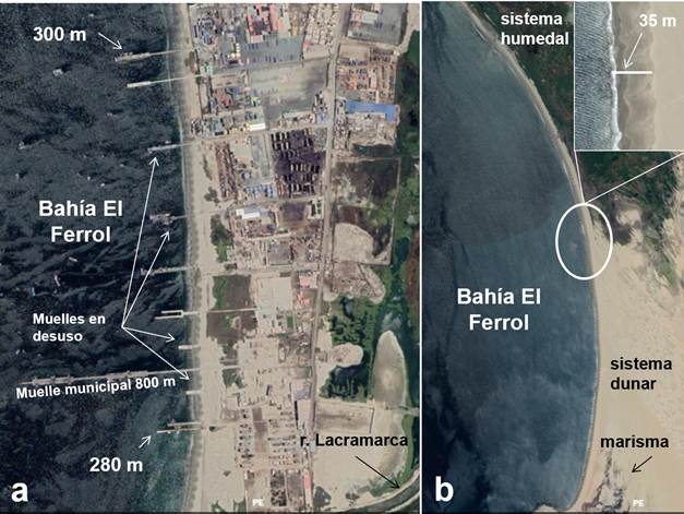 Presencia de muelles en la zona sur de la bahía El Ferrol (imagen de Google Earth, octubre 2019)