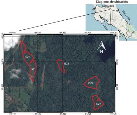 Ubicaci&oacute;n de las plantaciones de teca evaluadas, Pocosol, San Carlos, Costa Rica.