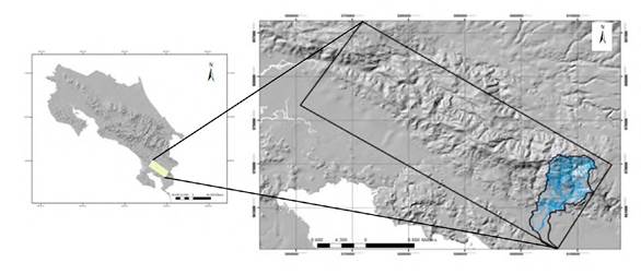 Localizaci&oacute;n geogr&aacute;fica de cordillera Fila Cruces y la subcuenca hidrogr&aacute;fica del R&iacute;o Claro