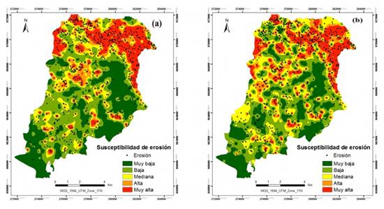 Mapas de susceptibilidad de erosi&oacute;n mediante los m&eacute;todos: (a) regresi&oacute;n log&iacute;stica y (b) redes neuronales artificiales.