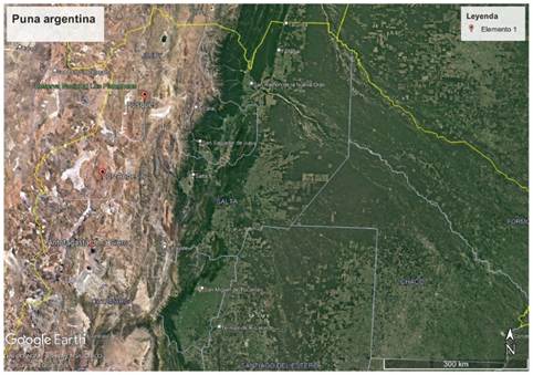 Mapa de la puna argentina. A la derecha, con relieve precordillera de Los Andes, se encuentra la puna de Argentina y Chile ‒l�nea divisoria en color amarillo‒. Del lado argentino, al este de la zona precordillerana, se encuentran tres puntos, uno por cada provincia pune�a: Susques (Jujuy) al norte, en medio el departamento Los Andes (Salta) y al sur Antofagasta de la Sierra (Catamarca).