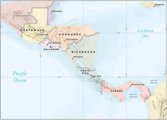 Central America&rsquo; main geographical aspects with the Pacific Ocean and Caribbean Sea drawing its isthmus condition and the topographic variety from mountains to lowlands in all the countries.
