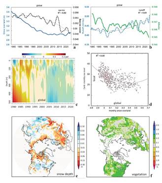 (a) Global monthly time series of snow depth over land and sea ice cover with parabolic trend, (b) global monthly time series of Merra2 albedo and runoff with parabolic trend. (c) Hovmoller plot of global averaged GODAS salinity anomalies with depth, freshening since 2005. (d) Scatterplot of monthly Caribbean Sea level vs. global snow depth over land, with parabolic fit. Parabolic regression of Caribbean Sea level time series onto: (e) snow depth over land, and (f) vegetation color fraction in northern latitudes, values per cm of SL rise.