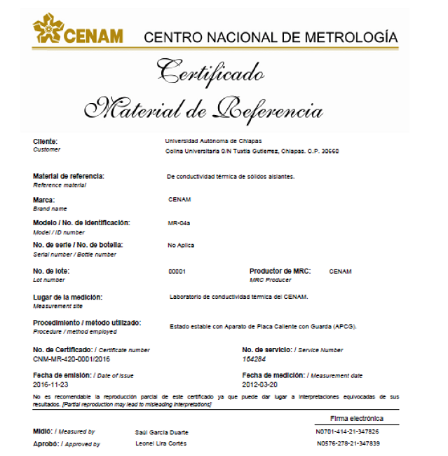Certificado de material de referencia de la CENAM 