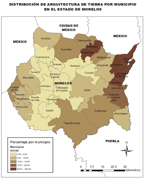 Estado de Morelos: distribuci&oacute;n porcentual de viviendas de adobe por municipio