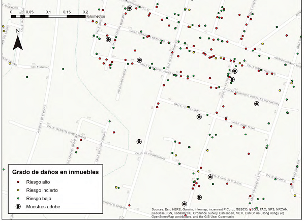 Localidad de Jojutla de Ju&aacute;rez: localizaci&oacute;n del muestreo de viviendas de adobe afectadas por el sismo y comparativa con la zonificaci&oacute;n de da&ntilde;os