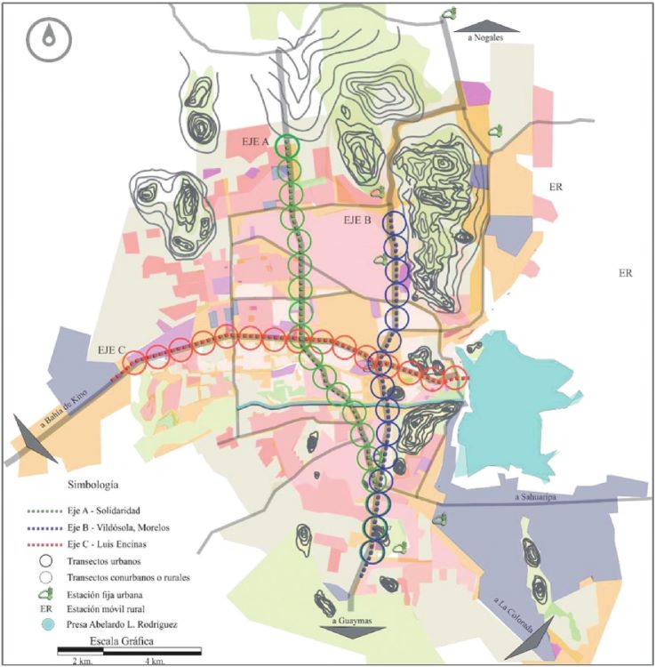 Ubicaci&oacute;n de transectos m&oacute;viles y estaciones fijas en la mancha urbana de Hermosillo, Sonora