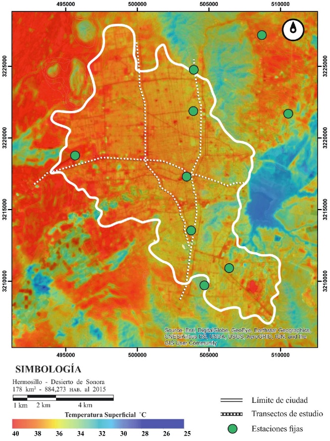 Temperatura superficial de agosto 2015 en la huella urbana de Hermosillo, Sonora