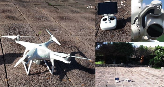 Dron (a), control (b), carga útil (c) y zona de despegue (d).
